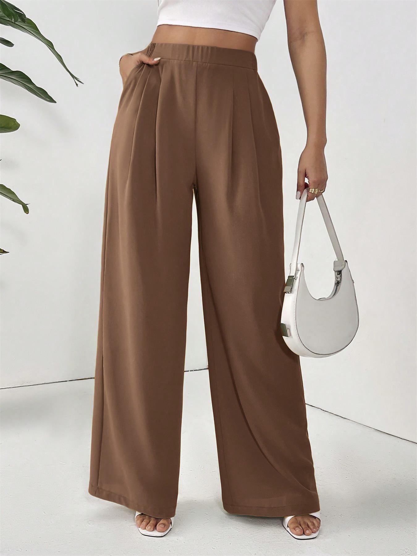 Women's Solid Pocket Wide Leg Pants, Casual Comfy Trousers for Daily Wear, Ladies Bottoms for All Seasons