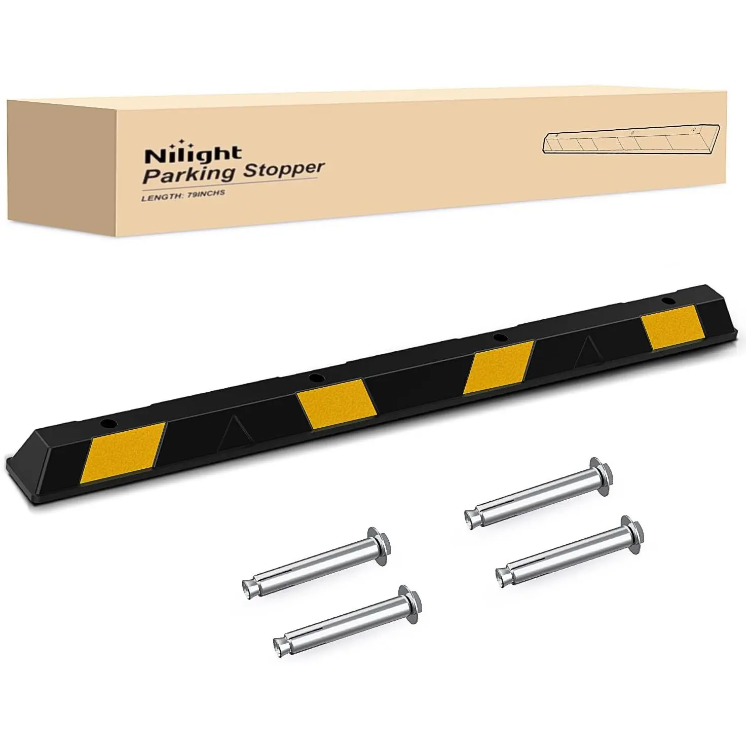 Nilight Heavy-Duty Rubber Parking Curb Stopper (79x5.9x3.9in) - 44000 lbs Capacity, High Visibility, Pressure & Wear Resistant, Extreme Weatherproof, Easy Bolted Setup for Large Vehicles, Garages, Parking Lots, 79X5.9x3.9"