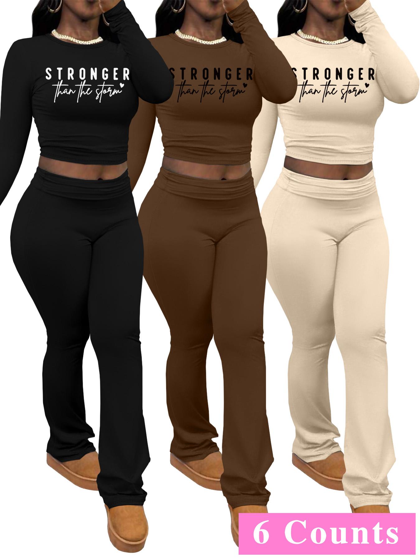 Women's Letter Print Long Sleeve Crop Top & Pants Set, Casual Fashion Cozy Legging Outfits for Daily Outdoor Wear, Women Clothing for Spring & Fall