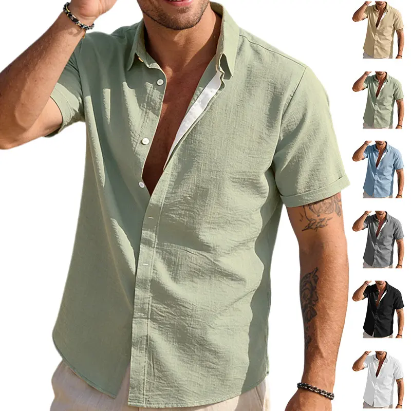 Summer New Men's Simple Lapel Short sleeved Shirt, Linen Breathable Loose, Daily Casual Versatile Shirt, Short sleeved Summer Seaside Vacation Casual Shirt, Solid Color Simple Casual Business Commuting Cardigan Buttoned Lapel Shirt