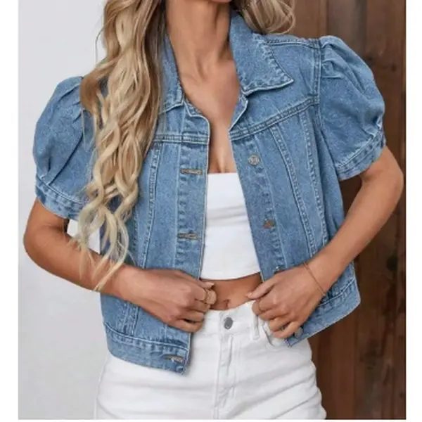 Women's Puff Sleeve Denim Jacket, Short Sleeve Button Front Jean Jacket, Washed Blue Fitted Cropped Denim Top, Collared Casual Outerwear, Vintage Chic Summer Layering Jacket for Daily Wear, Travel, Streetwear, Weekend Outfits