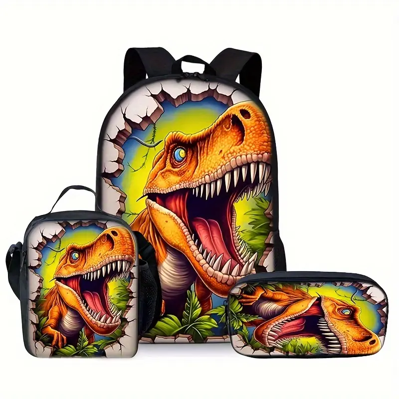 Kids 3PCS Water-Resistant 600D Oxford Backpack Set - 3D Crack Wall Roaring T-Rex Dinosaur Jungle Print, Insulated Lunch Bag, Pencil Case for Dino Fans Student Daily Use