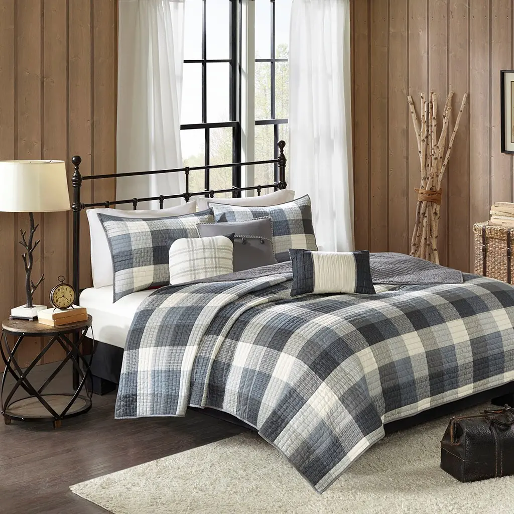 ARCH Classic 6-Piece Printed Herringbone Quilt Set with Throw Pillows, Grey Full/Queen Size Soft Microfiber Bedding Set, Lightweight All-Season Coverlet for Bedroom & Guest Room, All Rooms Textiles Bedding Collection, Six Pieces
