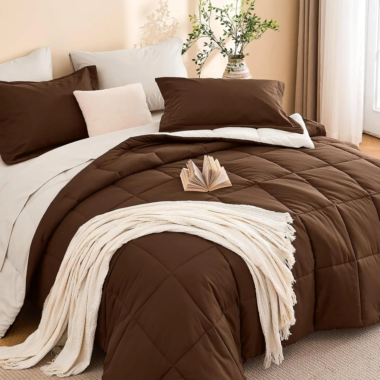 7 Pieces King Comforter Set, Reversible Bed in a Bag King Size, All Season Bedding Set with Comforter, Flat & Fitted Sheets, Pillowcases & Shams, Brown & Beige