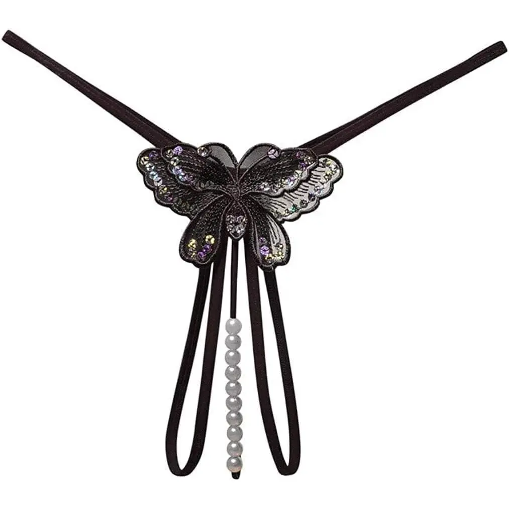 Fashion Women Sexy Underwear Cutout Pendant Pearl Beads Embellished Lace Butterfly G-String Thong Underpants Pink