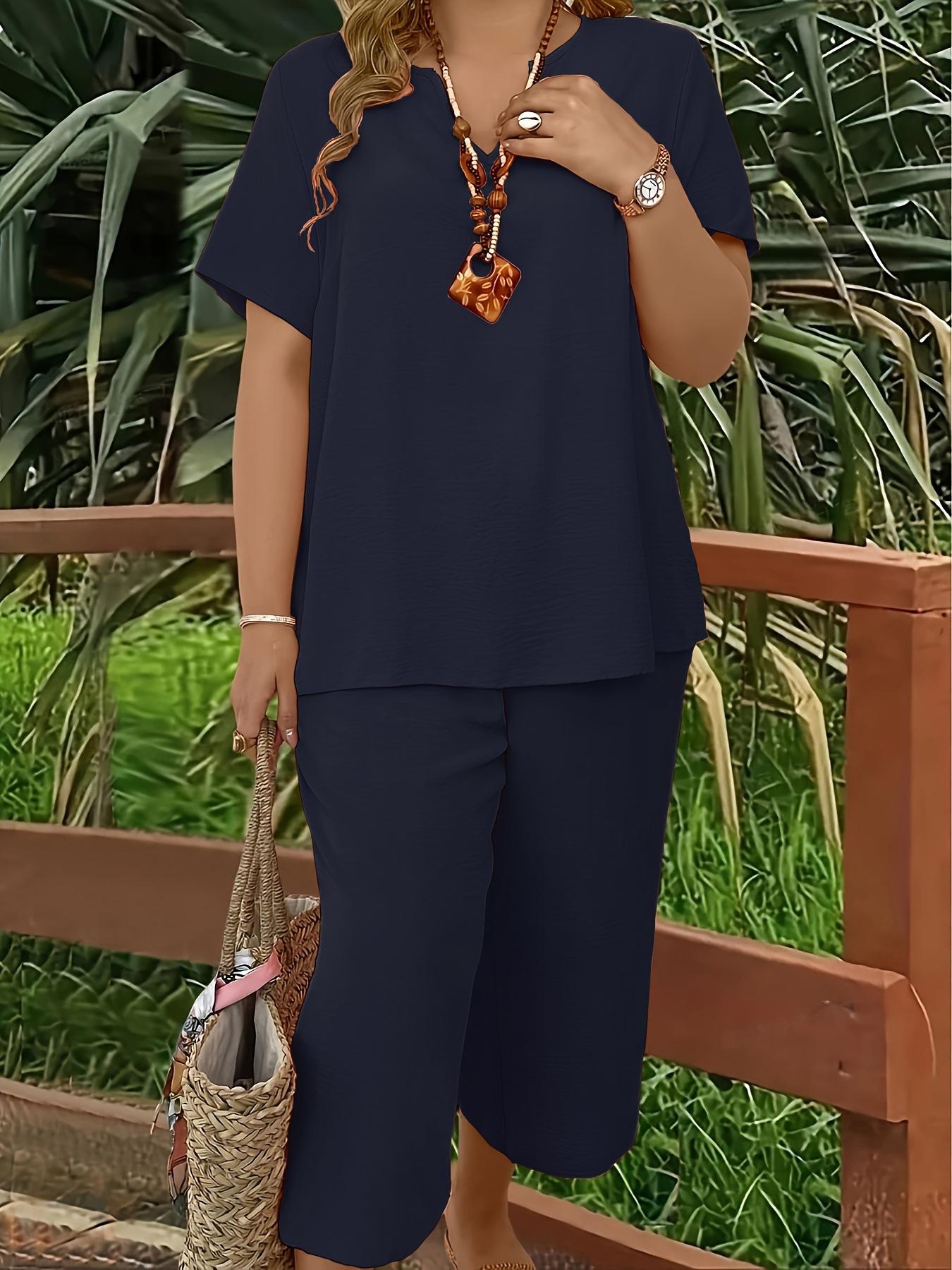 Women's Plus Size Elegant Wide Leg Pants Set - Solid Short Sleeve Casual Outfit - Mother's Day Gift Women's Plus Size Elegant Wide Leg Pants Set - Solid Short Sleeve Casual Outfit - Mother's Day Gift