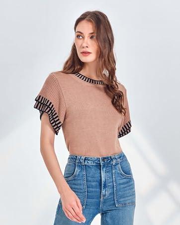 Saodimallsu Womens Short Sleeve Sweaters Tops Summer Ruffle Striped Loose Crew Neck Lightweight Soft Shirts Knit Sweater