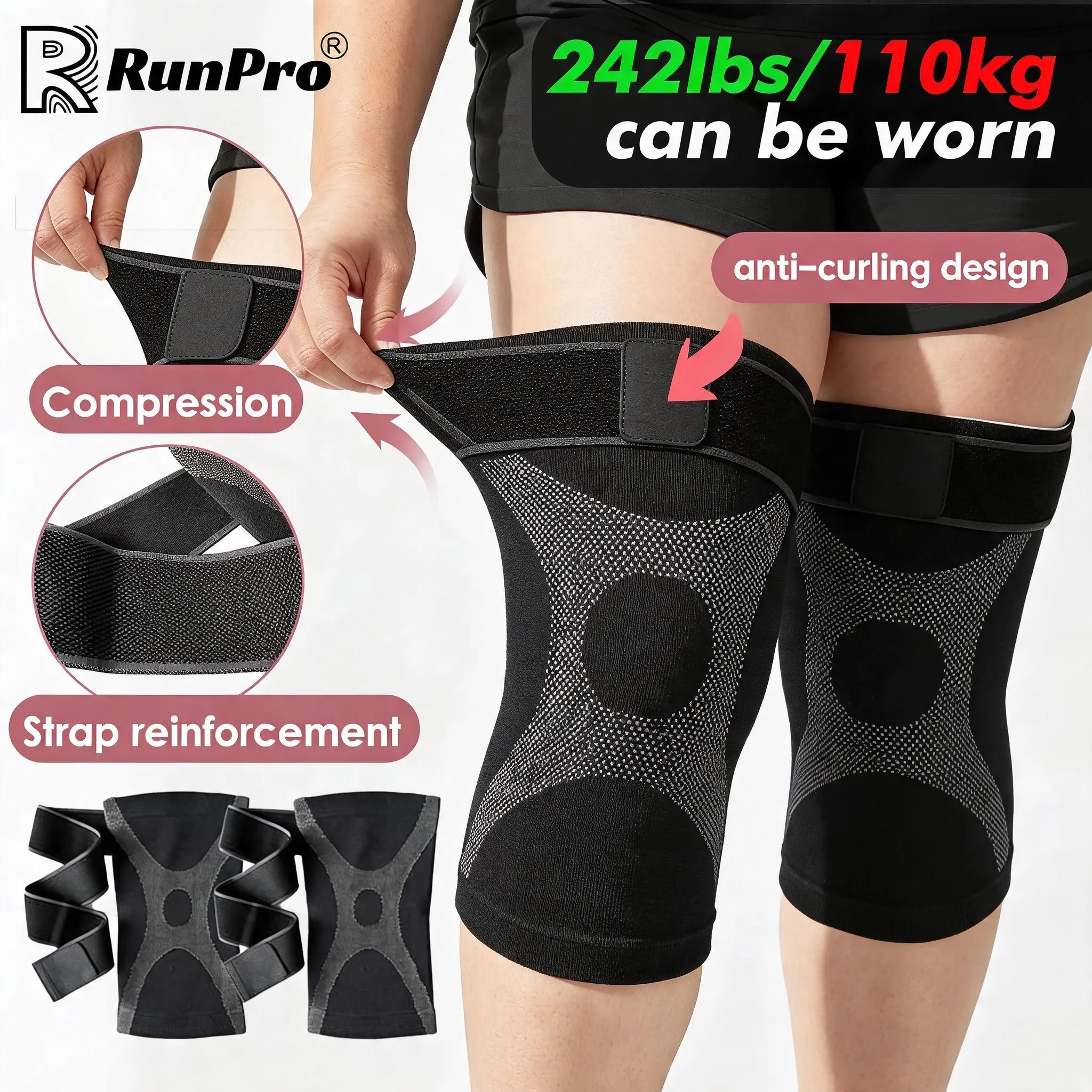 2pcs/ 1Pair- Upgraded Extra Large ultra-thin knee Braces With extended strap, high elasticity compression knee Sleeves, Men & Women, plus size knee support for daily life, running, Fitness, Black Gray, suitable for weight: 40-110kg/ 88-242lbs