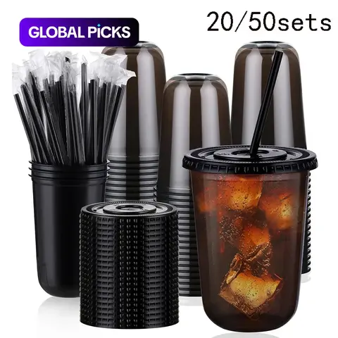 【Black Friday】20/50 Sets 16 oz Clear Plastic Tumbler Cups with Lids and Straws, Bulk Plastic Cups, Disposable Drinkware, Disposable Cold Drink Cups for Iced Coffee, Milk Tea, Smoothies, Party Activities, Party Supplies