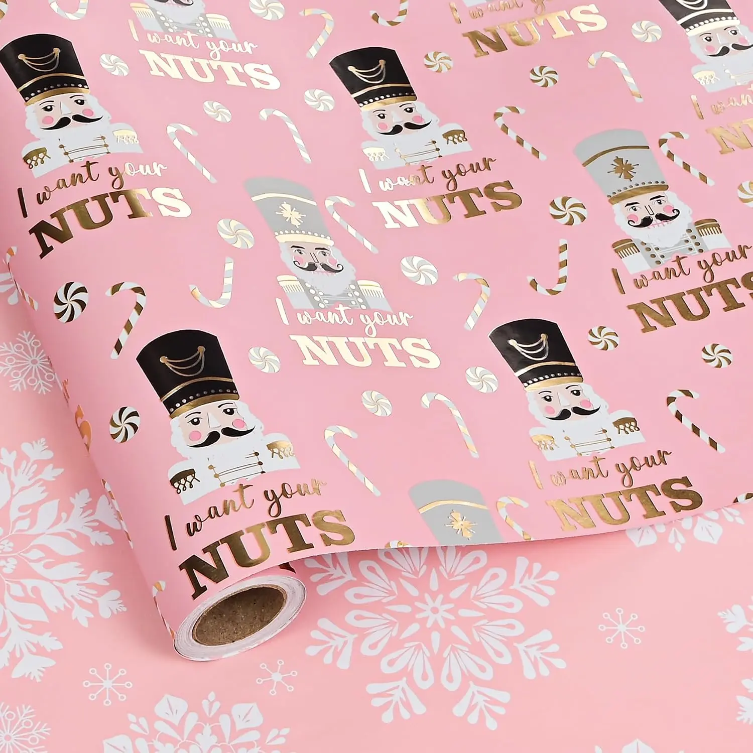 Reversible Christmas Wrapping Paper Roll - Metallic Foil  Wrap with Xmas Design for Holiday Winter (Funny Nutcracker - , 17 In X 100 )