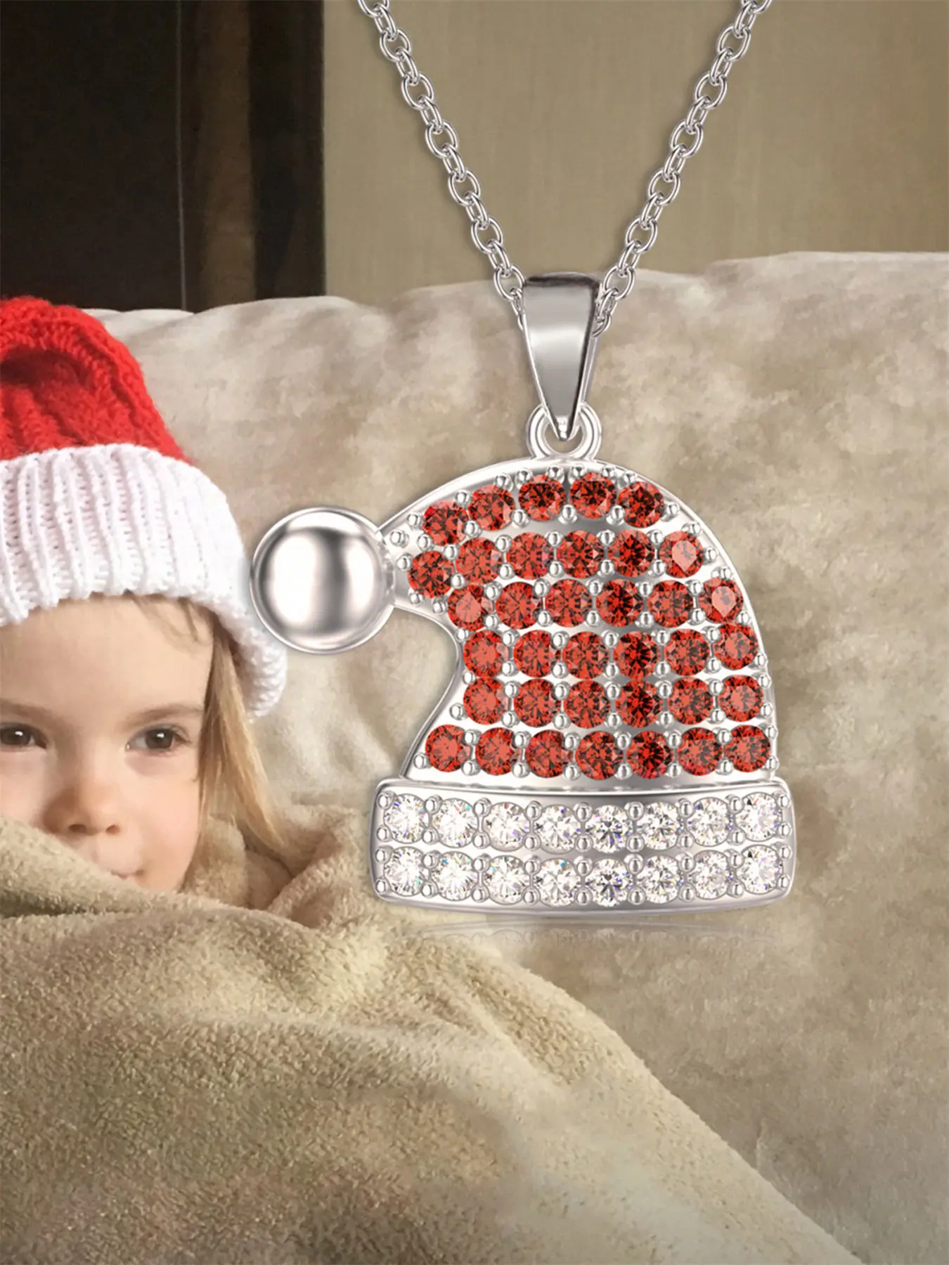 1 PC Cute Christmas Hat Cubic Zirconia Necklace Pendant For Women Christmas Gift Wedding Anniversary Jewelry