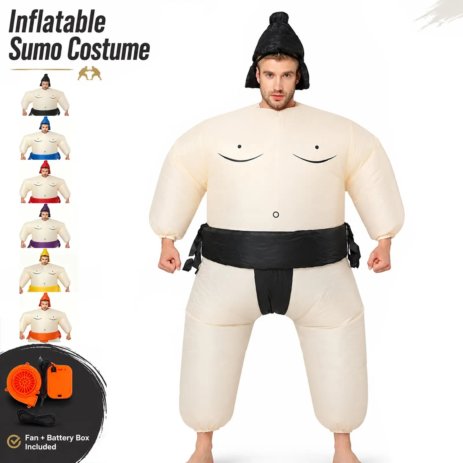 Inflatable Sumo Character Party Prop, Blow Up Activity Accessory, Carnival Halloween Decor, Adult Size, 4 Aa Batteries Required, Multiple Colors