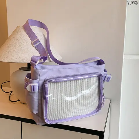 Unisex Transparent Front Ita Crossbody Handbag - Adjustable Removable Strap Canvas Bag with Multi-Pocket Design for Collectible Pins, Casual Carry Gym Accessory (Crossbody Handbags, Ita Bag Accessories)