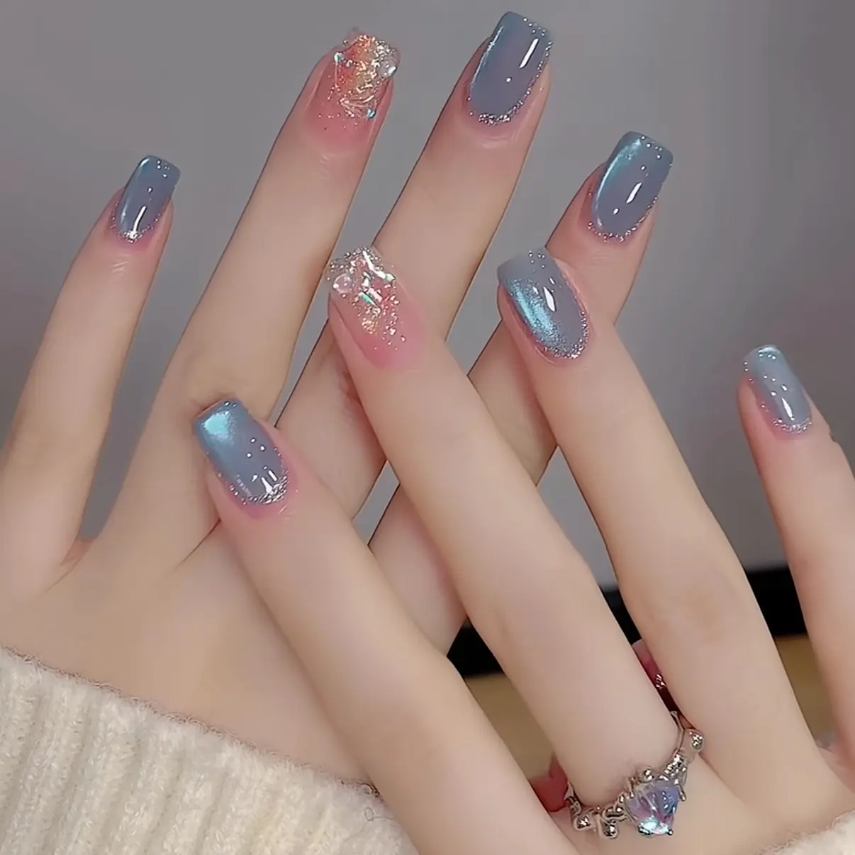 2026 Summer New Icy Blue Rhinestone Sparkle Cat Eye Press On Nails Short Glossy Handmade Removable Reusable Fake Nails, Decorative Nails Set of 10 with Full Tool Kit, 3D Diamond Rhinestone Cat Eye Shimmer Daily Office Date Party Hot Sale