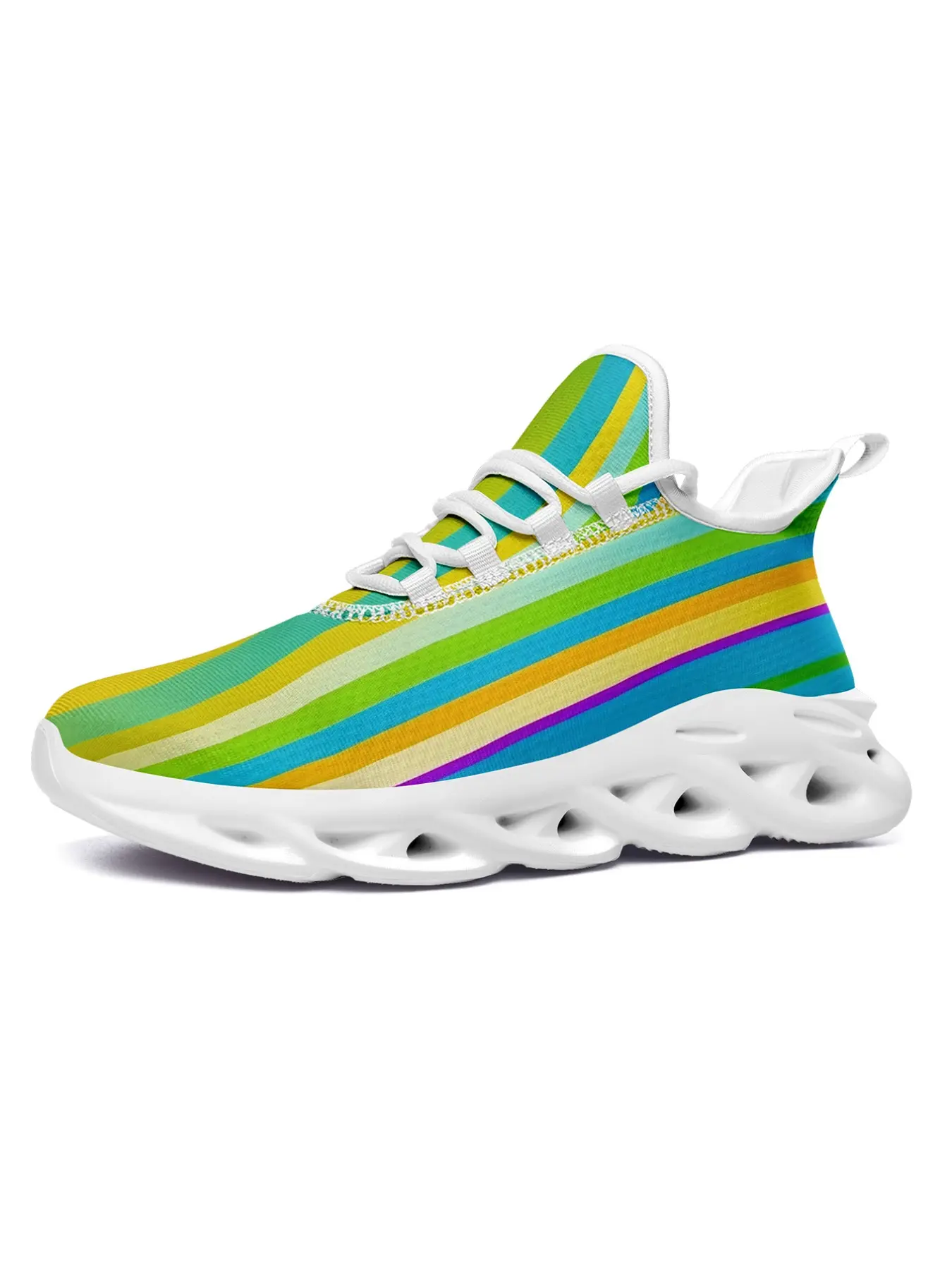 COOLCUSTOMIZE Men's Summer Paradise Sneakers, Colorful Gradient Slanted Rainbow Stripes Allover Print Breathable Knit Training Shoes