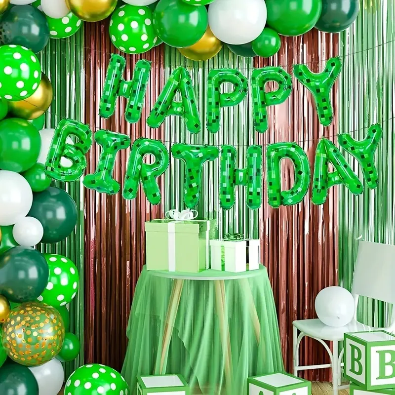 13 pieces, green happy birthday foil balloon banner, green foil letter balloons, vibrant party decorations suitable for game-themed birthdays, birthday party balloon supplies