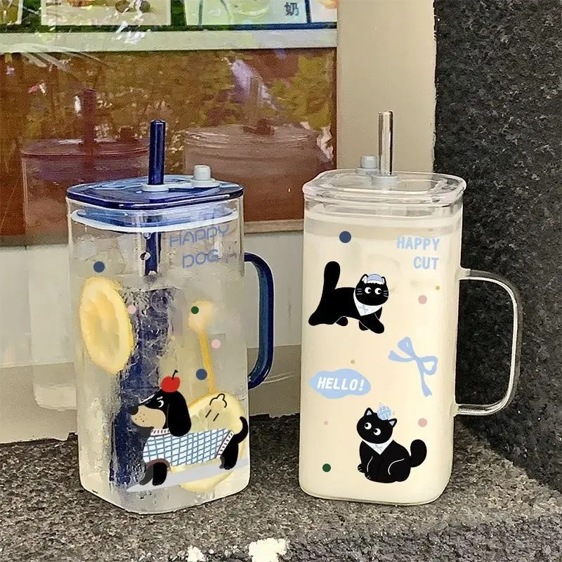 13.5oz Square Glass Cup with Handle, Cute Cartoon Print, Heat-Resistant Tumbler with Lid and Straw, Reusable Drinkware for Hot Cold Drinks