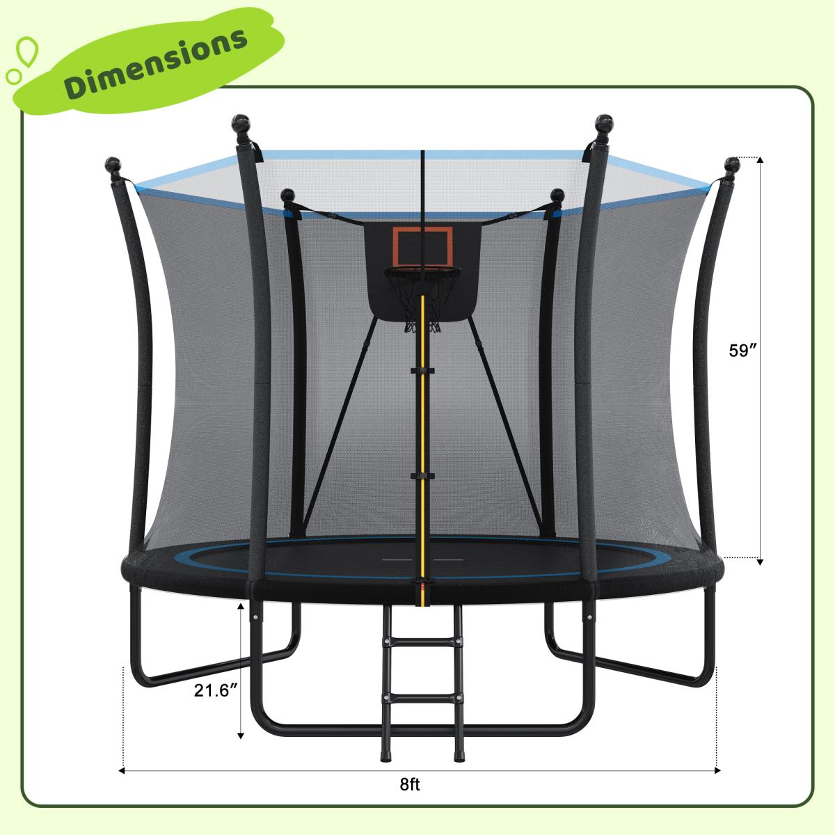 [Fahuac] 8FT Trampoline with Enclosure Net and Ladder, Outdoor Trampoline for Kids and Toddlers, Backyard Recreational Trampoline, Heavy Gauge Galvanized Steel Frame, 3 W-Shaped Legs
