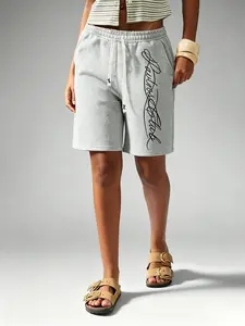 Women's Casual Sporty Shorts, Handwritten Embroidery Drawstring Knee-Length Bermuda Shorts, Ideal for Daily Wear and Summer Street Style