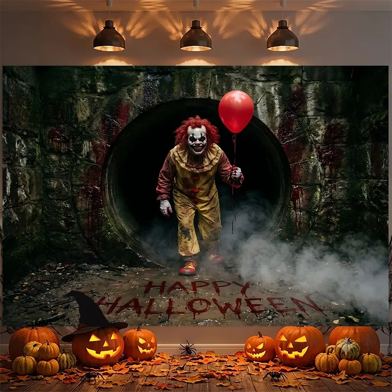 Scary Clown and Bloody Sewer Halloween Backdrop, Photography Background, Photo Booth Background, Party Backdrop, Studio Backdrop, Video Background, Haunted House Backdrop, Perfect for Halloween Themed Parties, Live Streaming, Portrait Shoots, Window Displ