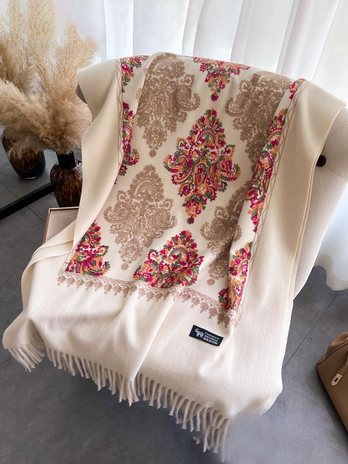 Boho Style Floral & Paisley Embroidery Tassel Decor Shawl, Trendy Casual Soft Warm Double Sided Scarf for Fall & Winter, Fashion Accessories for Women & Men