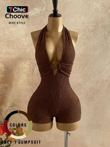 Women's Summer Sexy Halter Neck Sleeveless One-Piece Short Romper, Stretchy Slim-Fit Fabric, Casual Comfortable for Warm Weather