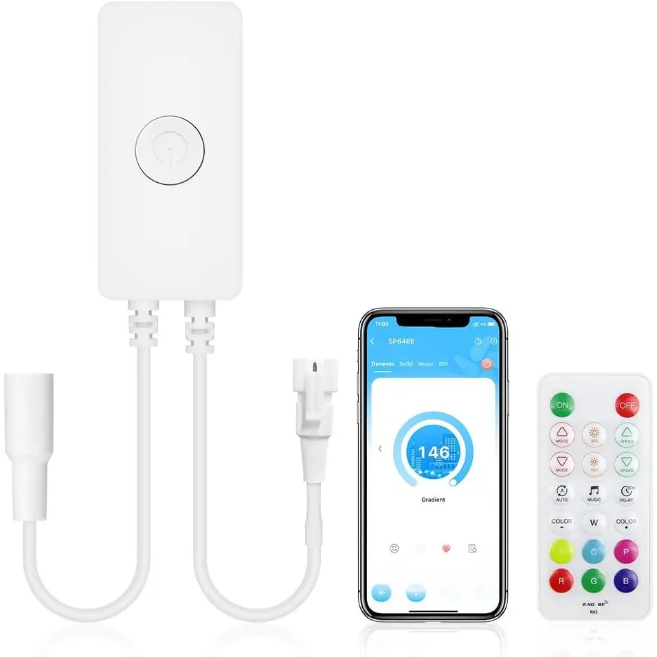 Bluetooth Addressable LED Controller with RF Remote, for WS2812 WS2813 SK6812 SM16703 RGB Pixel Strips, DC5V-24V, DIY Color Effects, Music Sync, Car Interior Lighting