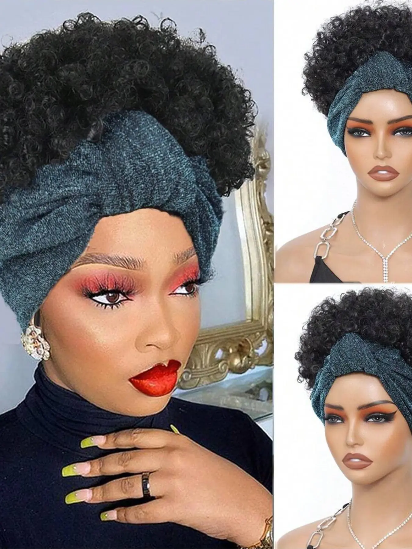 Headband Wigs for Women, Afro Kinky Curly Wig with Synthetic Short Hair, Headband Attached Headwrap Wigs, Kinky Curly Headband Wig
