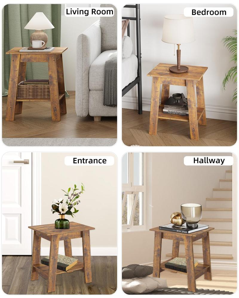 Farmhouse Rustic End Table with Storage Shelf, 2-Tier Narrow Accent Table for Living Room & Bedroom