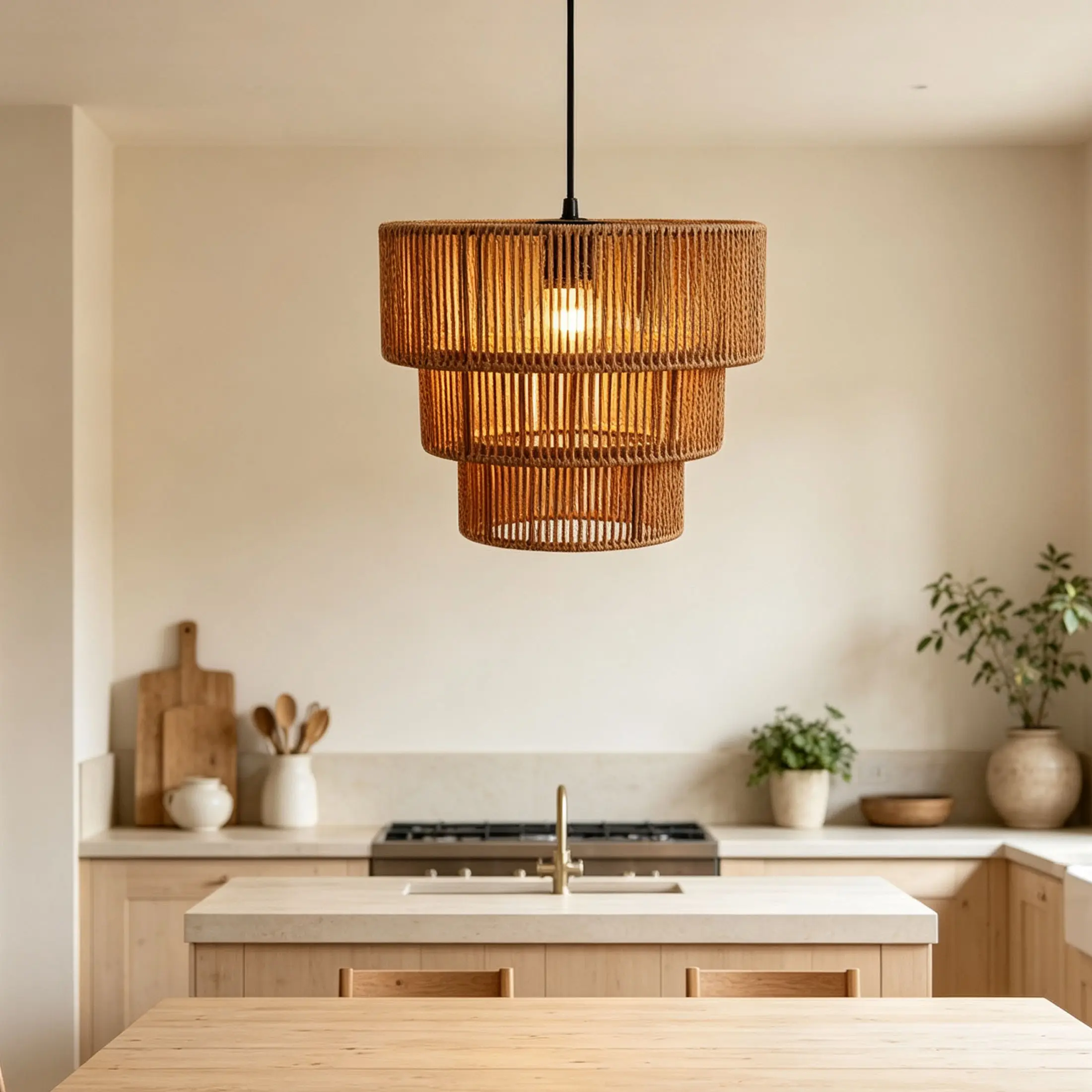 Three-Layer Handmade Paper Wicker Pendant Light Shade, Bohemian Vintage Lattice Ceiling Lamp Cover, E26/e27 Base, Kitchen, Restaurant, Cafe Decor, Indoor Decorative Light