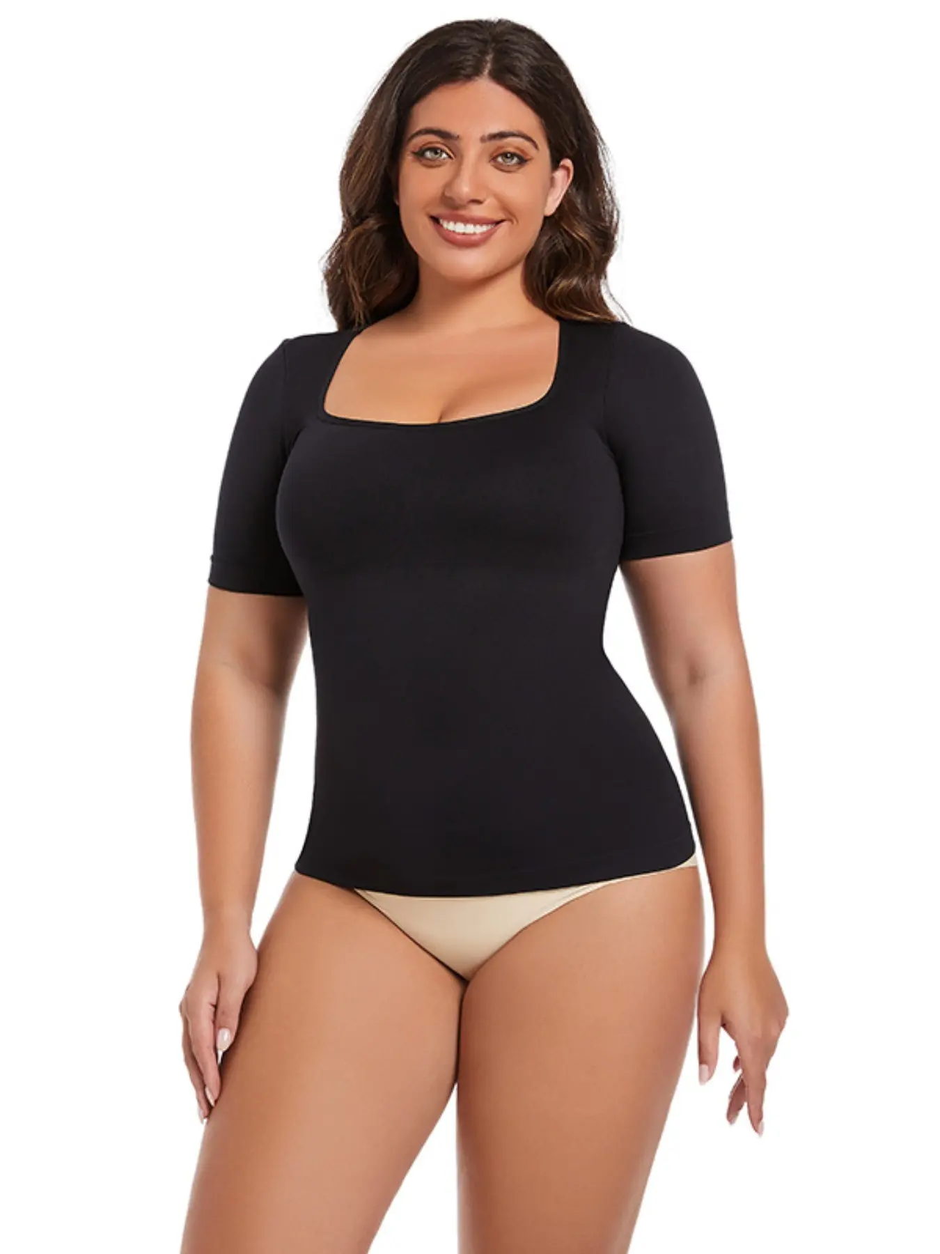 Slim Lance Women's Plus Size Seamless Short Sleeve Shaper Top, Tummy Control Waist Slimming Solid Color Body Shaping T-Shirt, Shapewear You Can Wear Outside S-XXXL