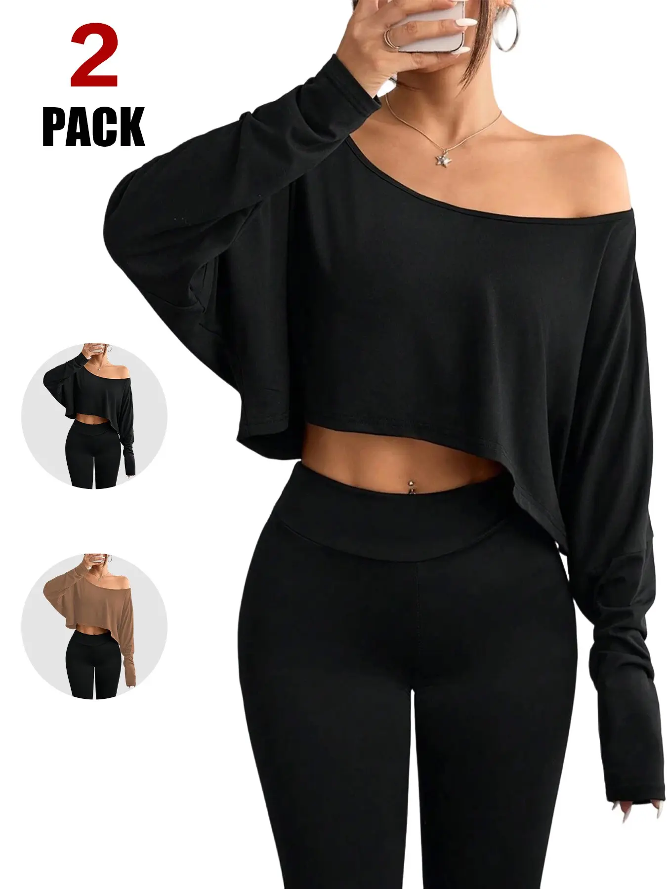 Women's Casual Solid Color Batwing Cropped T-Shirt Top, Long Sleeve Loose-Fit, Organic Textile, All Seasons, Spring Autumn Fall Clothing