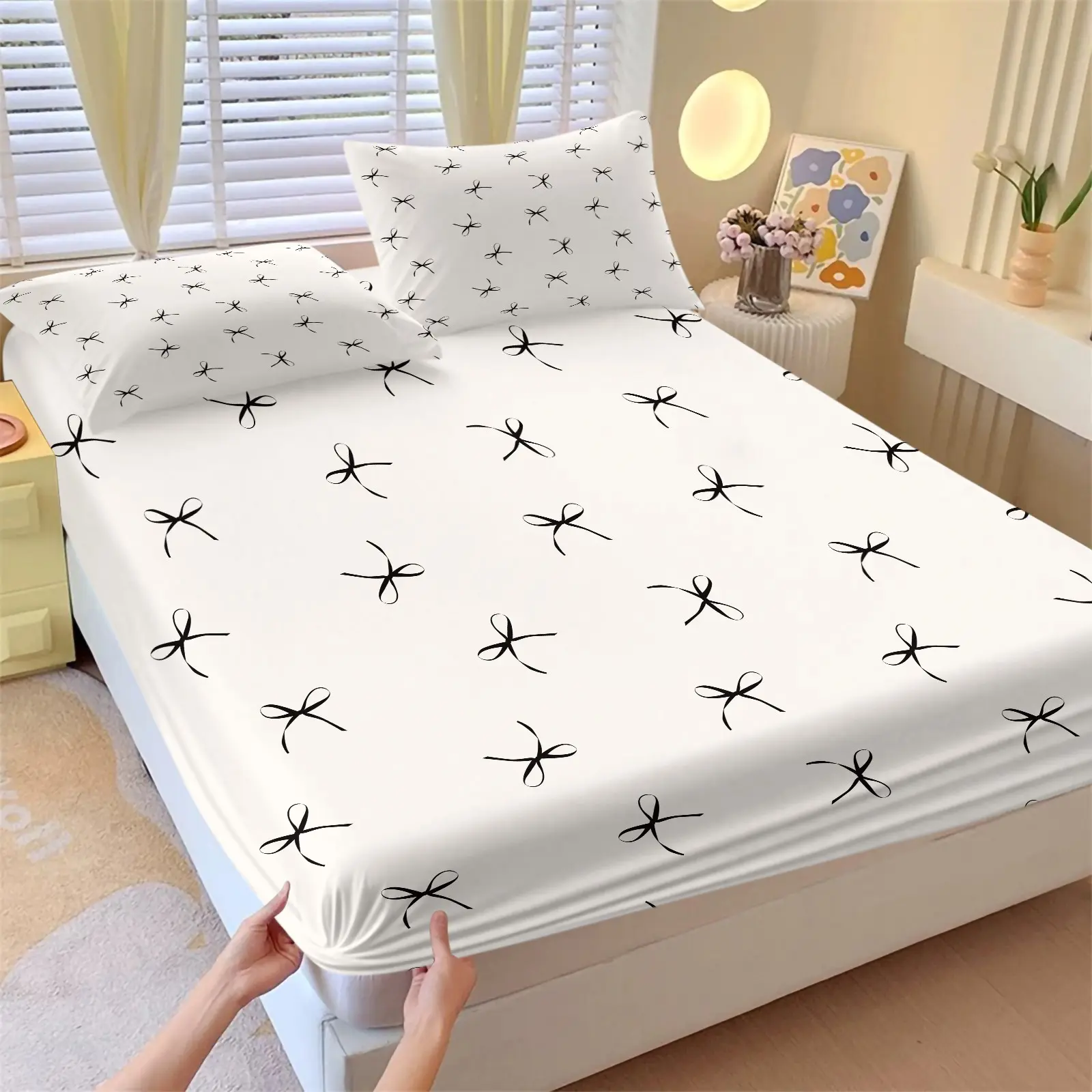 3PCS White Base Minimalist Black Line Bow Fitted Sheet Set (1 Fitted Sheet + 2 Pillowcases, No Pillows Included),Soft Breathable Skin-Friendly Fabric,Home Dorm High-Definition Digital Printing,Luxurious Minimal Girly Theme Bedding