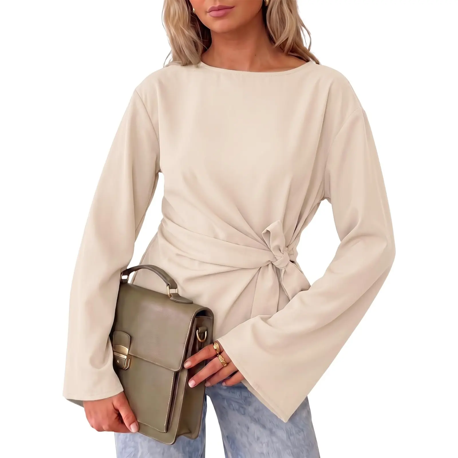 Cicy Bell Women's Cinched Waist Wrap Tops Bell Sleeve Boat Neck Blouse Shirt | Striped Long Sleeve,Tie Front Knot Tops,Elegant tops for women,For Dinner Party,Business Casual,Summer Fall Tops