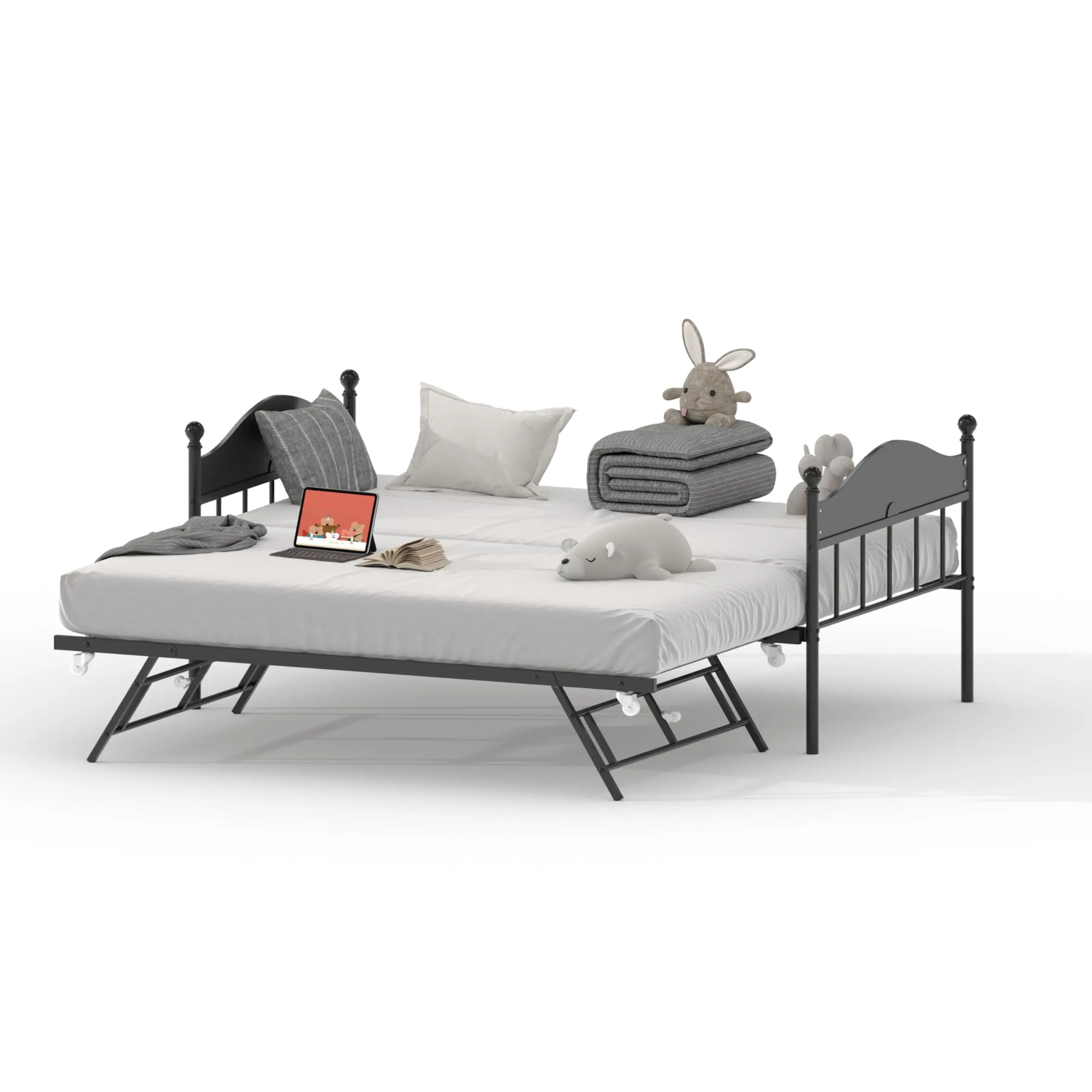 Twin Daybed & Trundle Set – Metal Foldable Frame, Stylish Headboard – Sofa Bed for Living Room, Bedroom, Guest Room – Brown