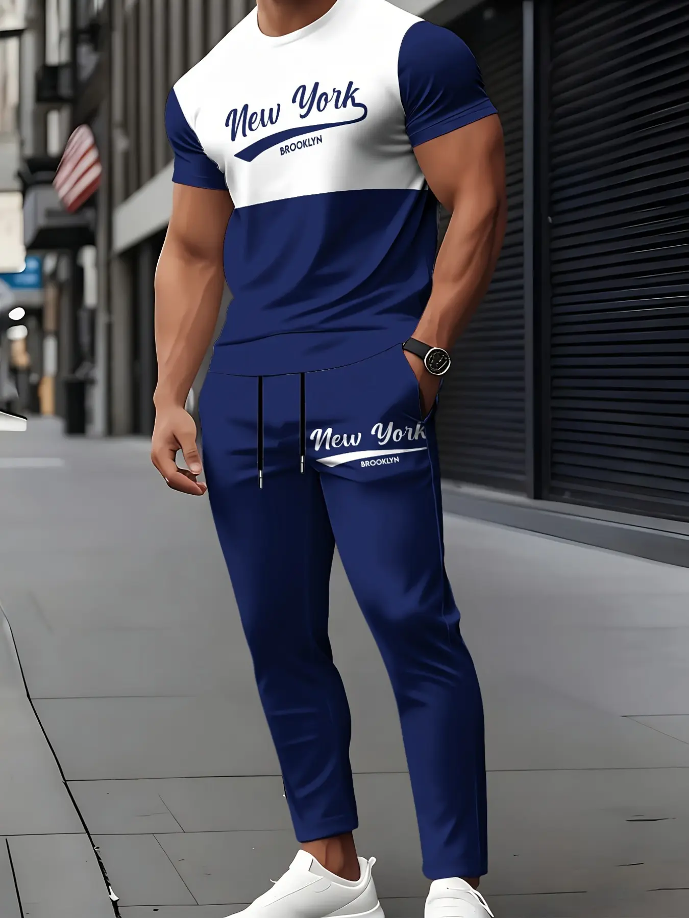 Men Color Block New York Brooklyn Letter Print Short Sleeve T-shirt & Drawstring Long Pants 2 Piece Casual Tracksuit