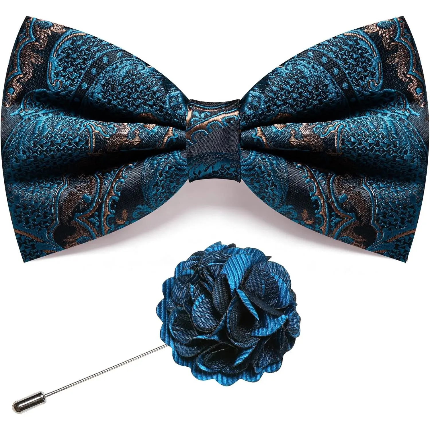 Teal Brown Paisley Bow Tie Pre-Tied Bow Ties for Men Floral Silk Bowtie Lapel Pin Set Party Wedding Prom Formal