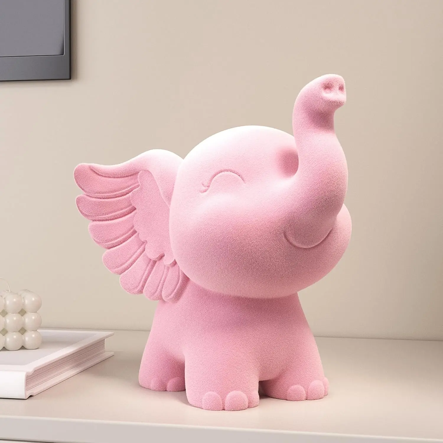 Aris & Juno 10.6" Pink Resin Flocked Elephant Statue - Handmade Home Decor for Nursery, Living Room - Unique Craft for Animal Lovers desk toy staff