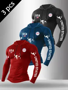 Men's Usa Bull Head Letter Print Hooded Long Sleeve Top, Fitted Casual Fitness Training Pullover, Spring & Fall Wear#MensHoodieSet #GymWear #USAPrintTop #FitnessClothes #TikTokFashion #TrendingMensFit #StreetStyle #OOTDMen