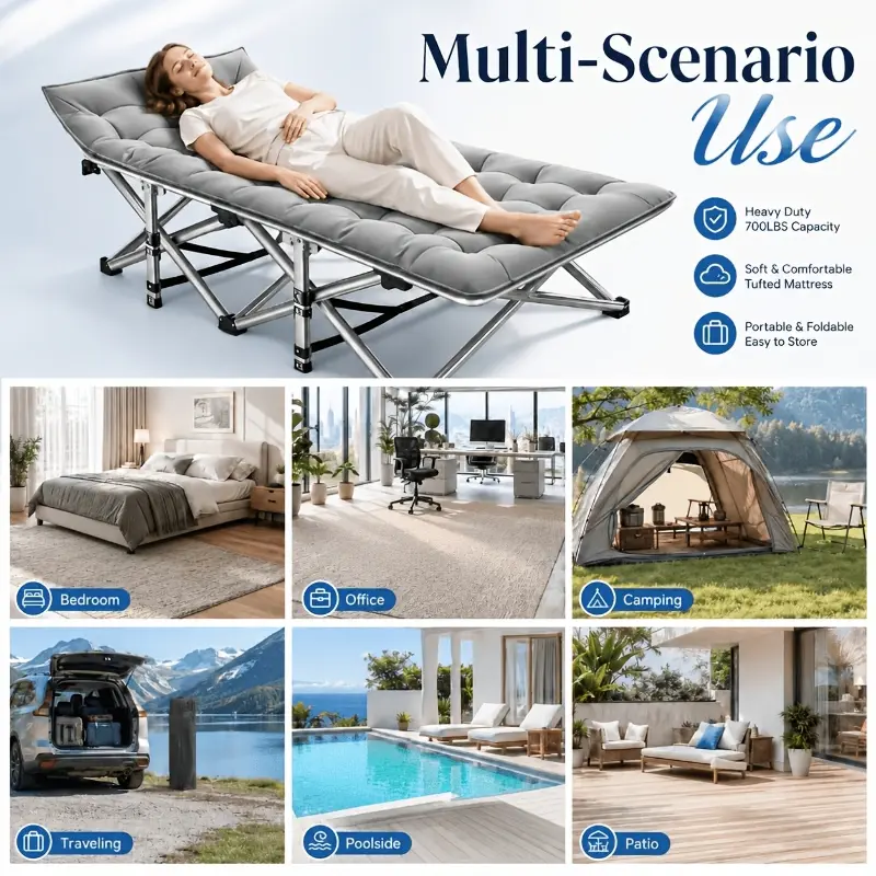 700LBS Heavy Duty Folding Camping Cot, Portable Adjustable Outdoor Lounge Chair with Side Pocket, Padded Reclining Bed for Patio, Beach, Backyard, Home & Office Nap