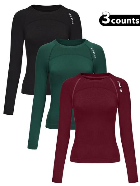 Women's Letter Print Baselayer Top, Long Sleeve Round Neck Compression Top for Yoga Gym Workout, Ladies Sportswear for Fall & Winter, Athletic Compression Shirt