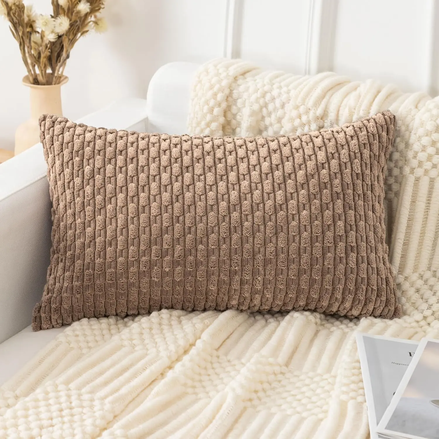 Soft Corduroy Decorative Pillow Cover 12x20 Inch Boho Striped Oblong Throw Pillow Cover Modern  Decor for Sofa Living Room Couch Bed Light Brown, 1 count