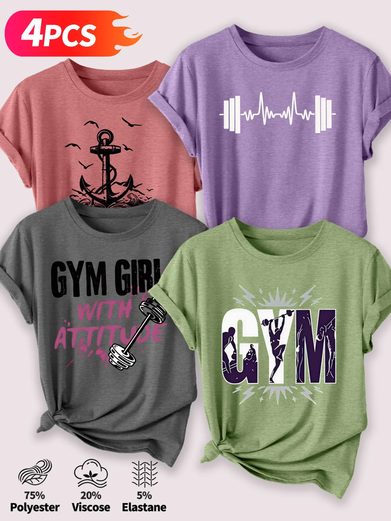 4Pcs Women Crew Neck T-shirt, Anchor Wave Barbell Heartbeat GYM Fitness Girl Sport Cool Print, Stylish Washable Daily Women Short Sleeve Top