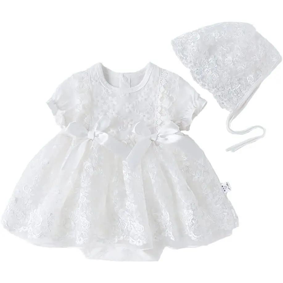 Toddler Baby Girl Long Sleeve Fall Dress Flower Lace Wedding First Birthday Baptism Christening Dresses with Hat Outfit