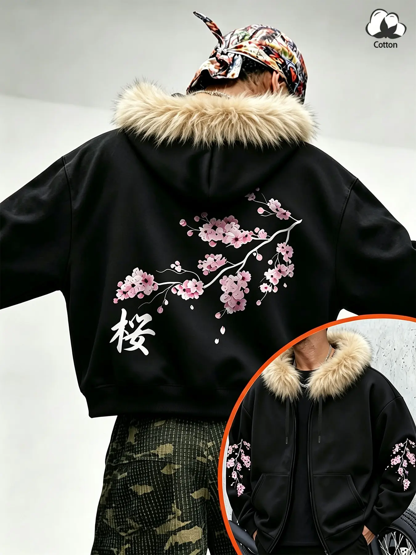 Fur Trim Hooded Zip Up Jacket with Sakura Cherry Blossom Print, Cotton Unisex Japanese Streetwear Hooded Coat, Casual Floral Graphic Winter Outerwear, Multi-Color