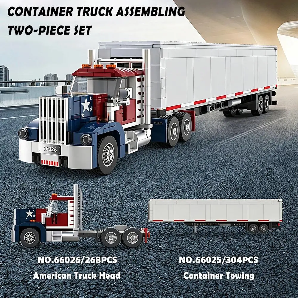 American Style Container Truck Brick Model, Heavy Engineering Transport Vehicle DIY Assembly Kit, Desktop Display Decor, Collectible Gift, Model Enthusiasts