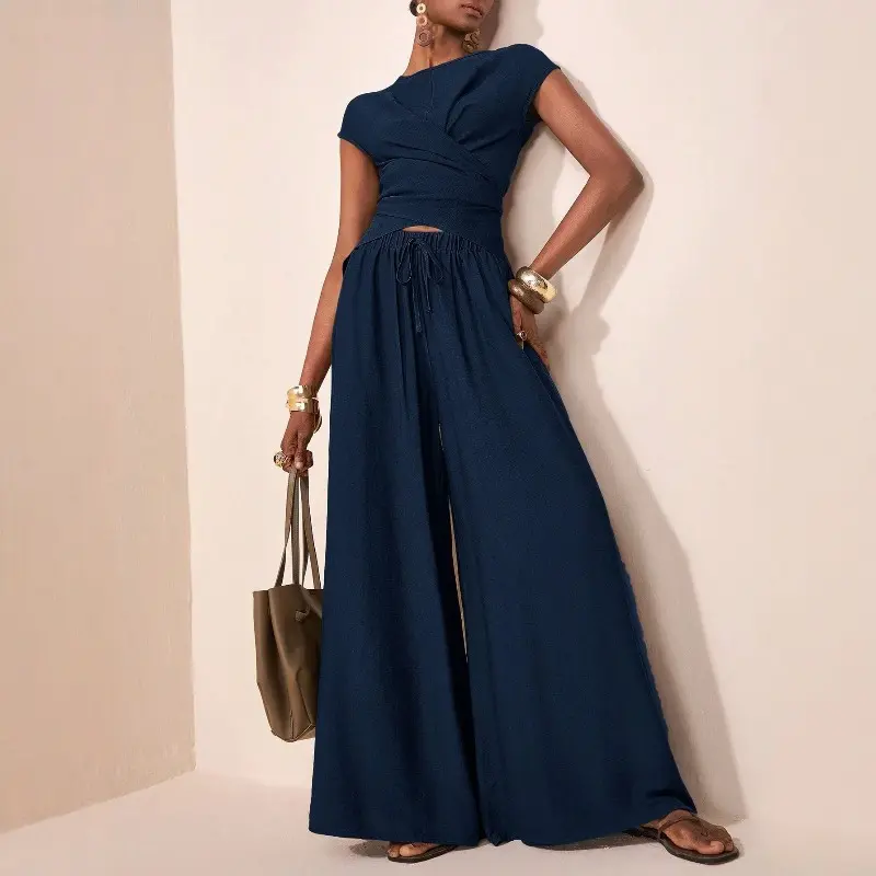 Fashion Cute Women Wrap Cross Irregular Hem Top & High Waist Wide Leg Pants Set, Comfort Solid Color Commuter Outfit, Office Casual Two Piece Suit, Best Valentine’s Day Gift for Her, Ideal Holiday Present for Family & Friends