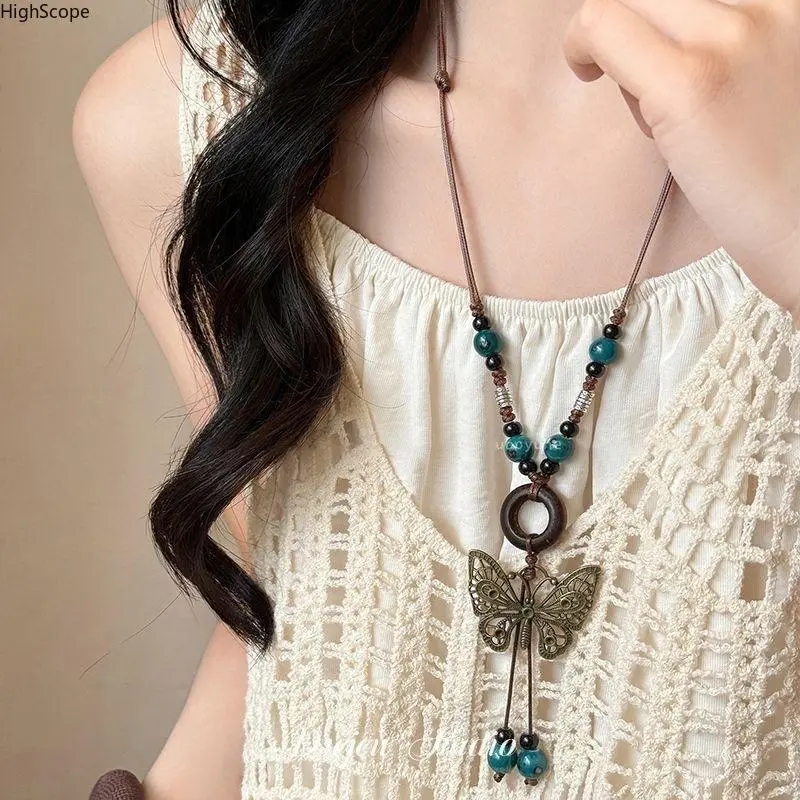 Women's Boho Style Fashion Necklace - Bronze Hollow Butterfly Beaded Woven Accessory Beaded Chain, Fantasy Bohemian Butterfly Dangling Chain Necklaces for Ethnic Casual All-Seasons Costume Jewelry, Boho Style Jewelry, Beaded Chains, Boho Style Necklace