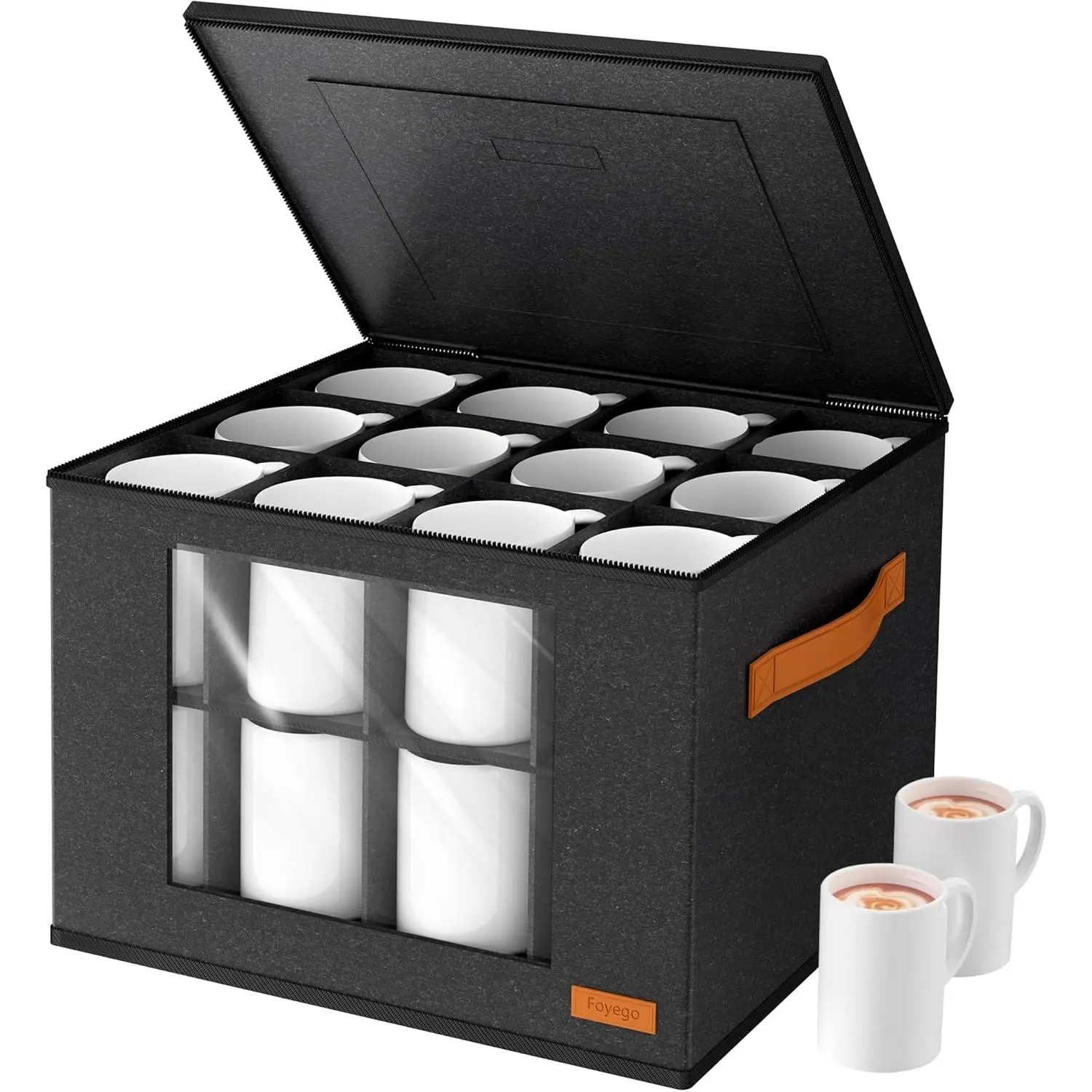 2-Layer Coffee Mug Storage Box with Dividers Coffee Cup Storage Organizer with Zipper Lid and Handles Stackable Mug Cup Organizer for 24 Coffee Mugs Cups and Glasses Dark Grey