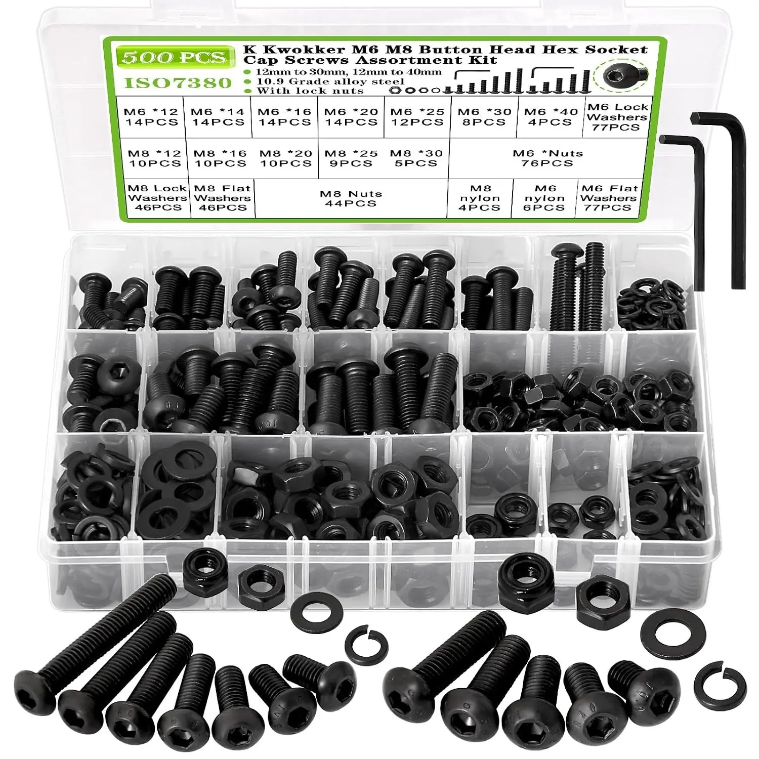 500Pcs M6 M8 Metric Screws Assortment Kit 12MM-40MM with Lock Nut, Button Head Hex Socket Nuts and Bolts Assortment Kit, 10.9 Alloy Steel Machine Screws w/Washers, M6x1.0 Bolt, M8x1.25 Bolt